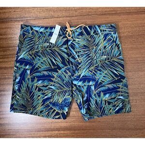 J.Crew Mens Palm Leaf Print Swim Trunks Board Shorts Drawstring Size 35 XL‎ NWT